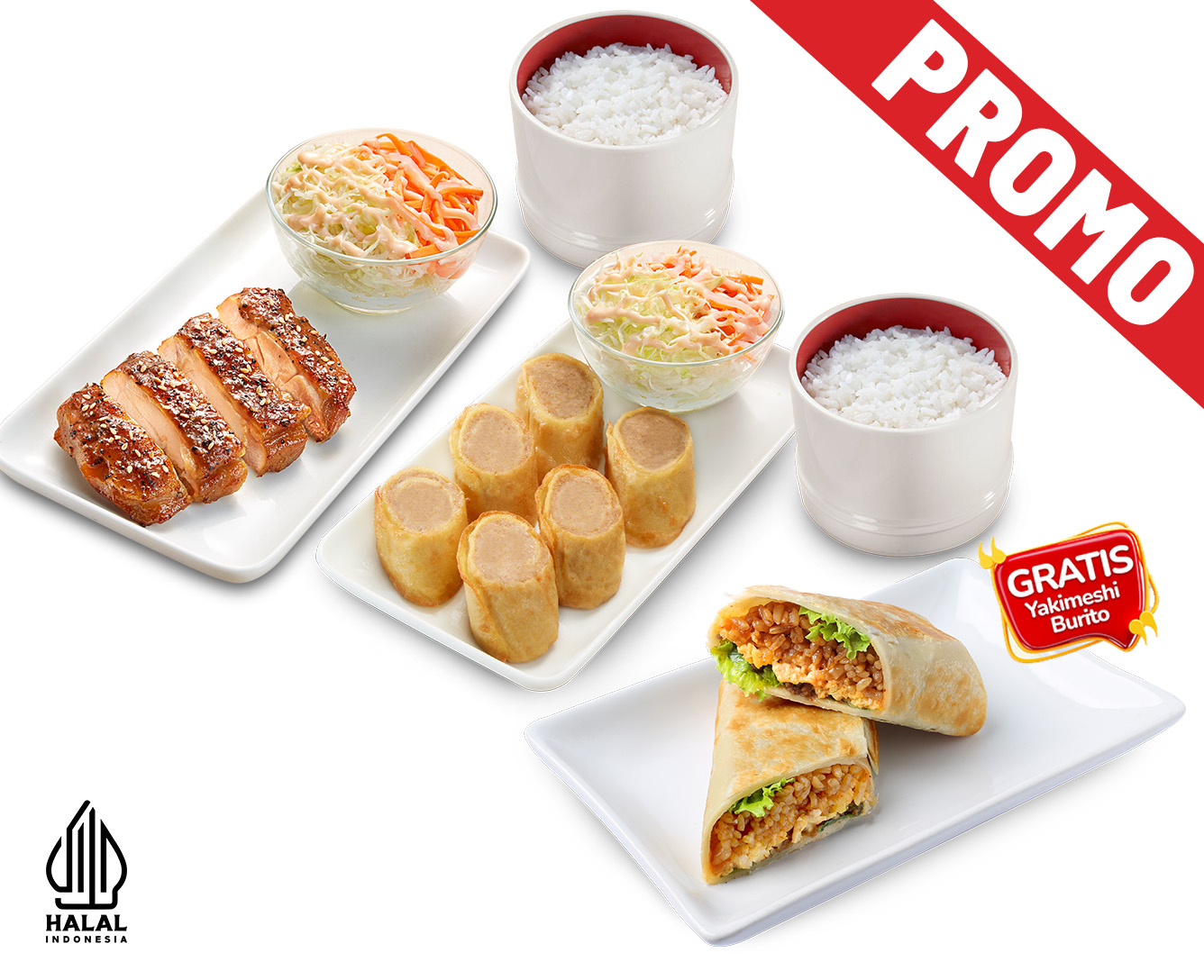 PROMO SSR DEALS EGG CHICKEN ROLL + BLACK PEPPER MISO CHICKEN + 2 RICE + FREE YAKIMESHI BURRITO